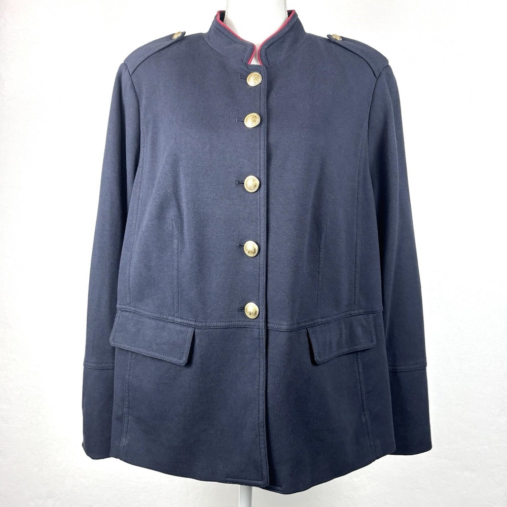Talbots Women's 18W Military Style Jacket Blazer Navy Blue Red Trim Gold Buttons